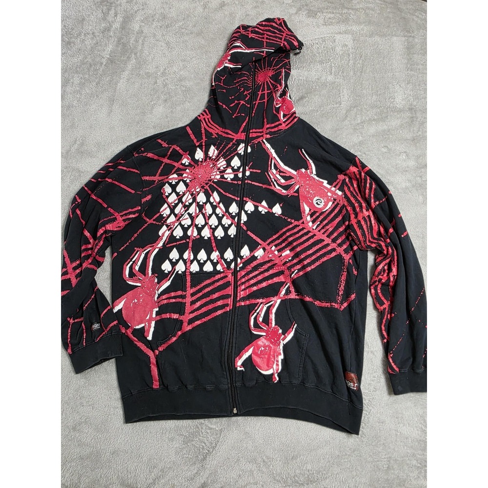 Vintage Y2K Request Hoodie Mens 3XL Black Full Zip Spider Web Graphic‎ Horror